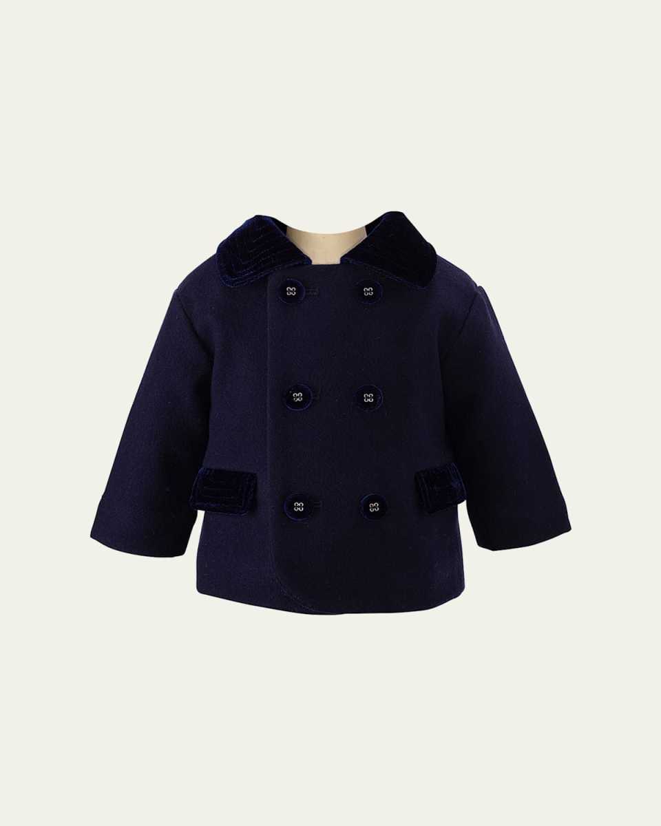 Girl's Velvet-Trim Double Breasted Coat, Size 6M-24